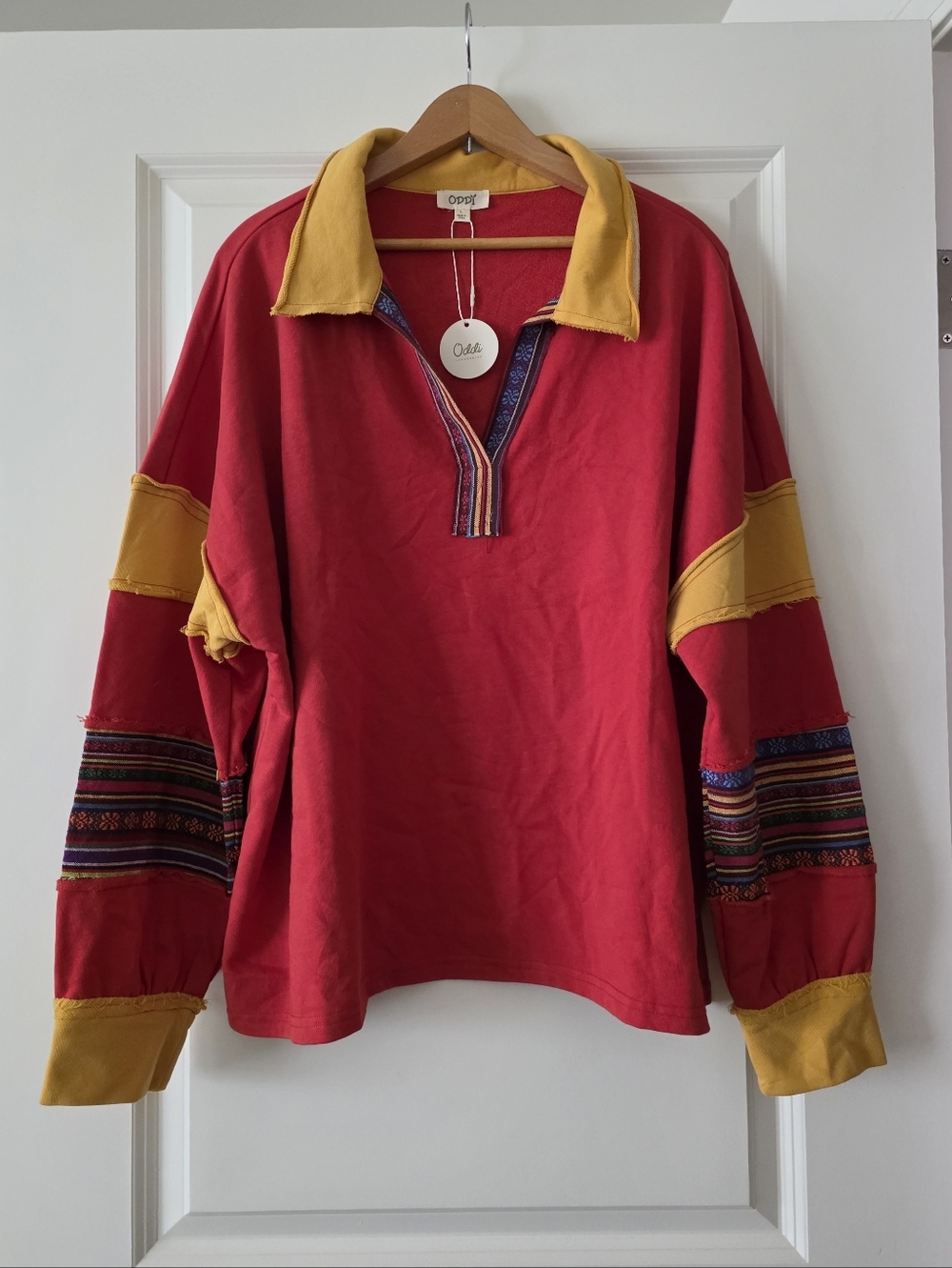 Boho Oversized Collared Rugby Sweatshirt Womens L NWT Burnt Orange Festival